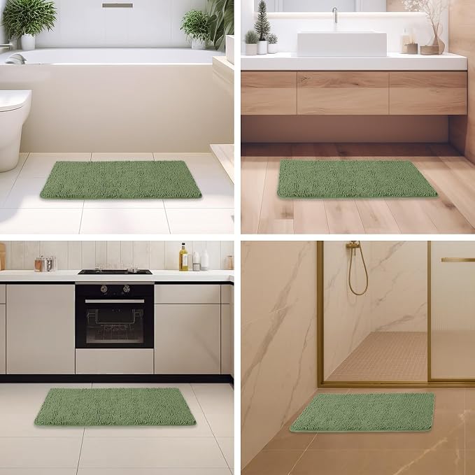 Loden Green Bathroom Rugs – Absorbent and Washable Bath Mat, Non-Slip, Thick Soft Chenille Bath Rugs for Bathroom Floor, Shower, Sink - 20" x 32"