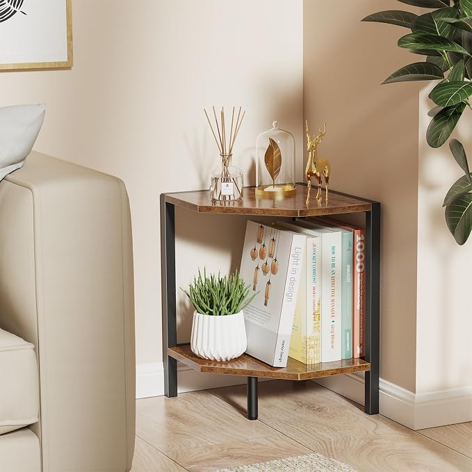 Creso hom Corner Shelf Stand, 2 Tier Industrial Corner Bookshelf | Multipurpose Standing Corner Display Shelf Countertop Organizer for Living Room Kitchen Bedroom Office, Rustic Brown