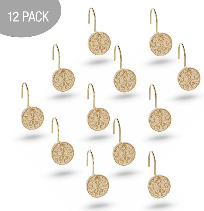 Creative Scents Shannon Shower Curtain Hooks Decorative | Set of 12 | Beige with Gold Shower Curtain Rings