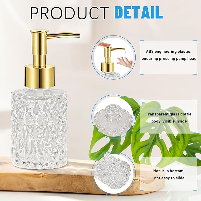 2PCS Glass Hand Soap Dispenser with Pump for Bathroom/Kitchen | Small Crystal Soap Dispenser Refillable Liquid for Dish Soap, Hand Soap, Essential Oil & Lotion (Transparent,Gold Pump)