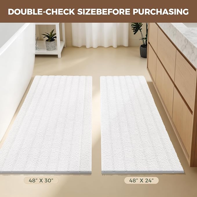 Bcoimo Bath Rug Mat,White Chenille High Absorbent Long Bathroom Runner Rugs | Non Slip with Rubber Backing Bathroom Floor Mat;High Absorbent And Quick Drying 48x30 Microfiber mats; Machine Washable Mats