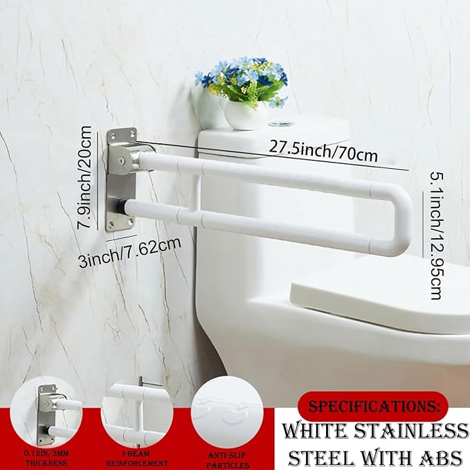28 Inch Toilet Grab Bar Flip Up Stainless Steel with ABS Handicap Rails Load Capacity of 150 kg 330 lbs Grab Bars Toilet Rail Bathroom U Shaped and Wall Mount Safety for Injured Patients White