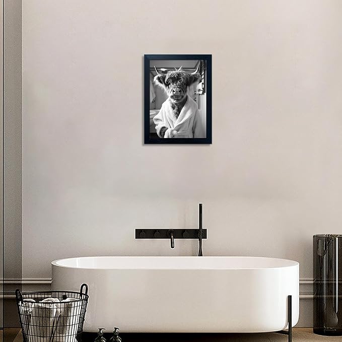 Framed Highland Cow Brushing Teeth Wall Art, Black and White Bathroom Wall Decor, Funny Cow Pictures Guest Bathroom Decor