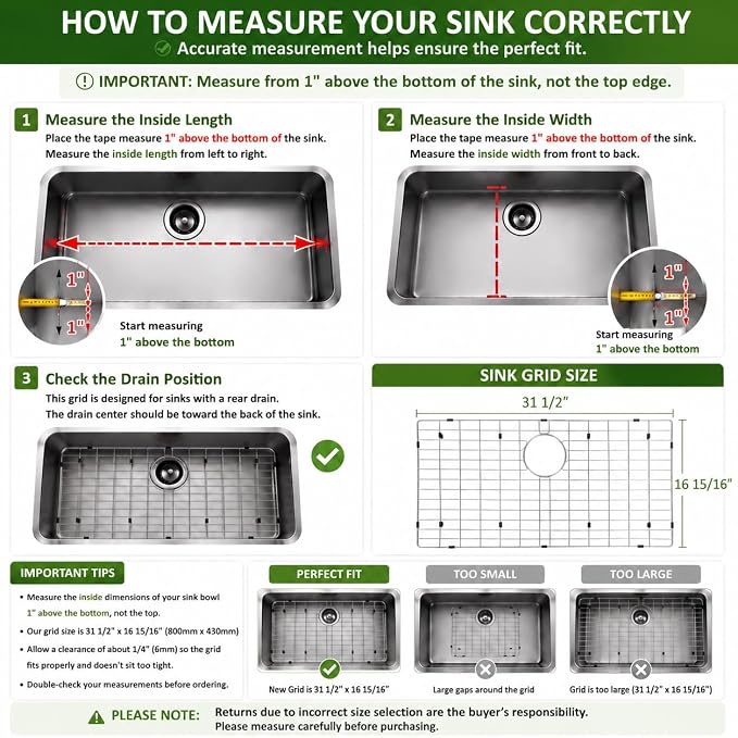 Kitchen Sink Grid and Sink Protectors, 31 1/2"x16 15/16" Sink Grid | Stainless Steel Sink Grids for Bottom of Kitchen Sinks, 31 1/2"x16 15/16" with Rear Drain for Single Bowl Sinks