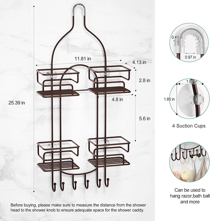 SRIWATANA Shower Caddy Hanging, Shower Organizer with Razor Hooks, Bronze | Rustproof Shower Rack, No Drilling Shelves Over Shower Head, Anti-Swing Scution Install, Bathroom Holder for Sponge Loofah