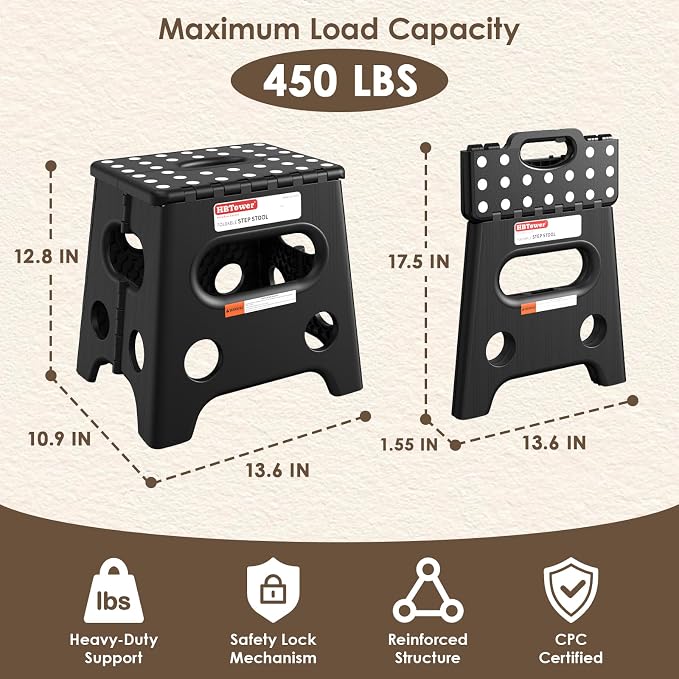 HBTower 13 Inch Folding Step Stool, 450LBS Capacity with Safety Lock, Black | Portable Foldable Stools,Non-Slip Surface,Built-in Handle,Heavy Duty Foot Stool for Adults & Kids,Home, Indoor & Outdoor Use