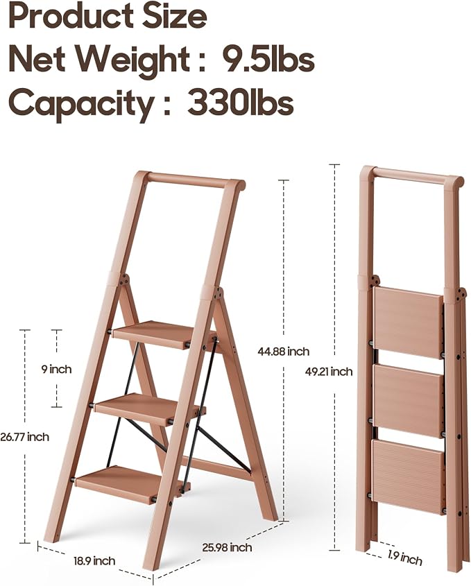 HillhutApex Aluminum 3 Step Ladder, Step Stool Foldable Ladder(Pale Pink) | Stepladder with Handgrip,Anti-Slip Pedals,330lbs Capacity,Lightweight Portable Folding Ladder for Home,Office,Libaray