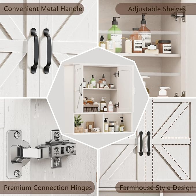 Bathroom Wall Cabinet, Farmhouse Medicine Cabinet with Doors, Rustic White | Over The Toilet Storage Cabinet with Double Barn Door and Adjustable Wood Shelf for Wall Mounted for Bathroom Laundry Kitchen