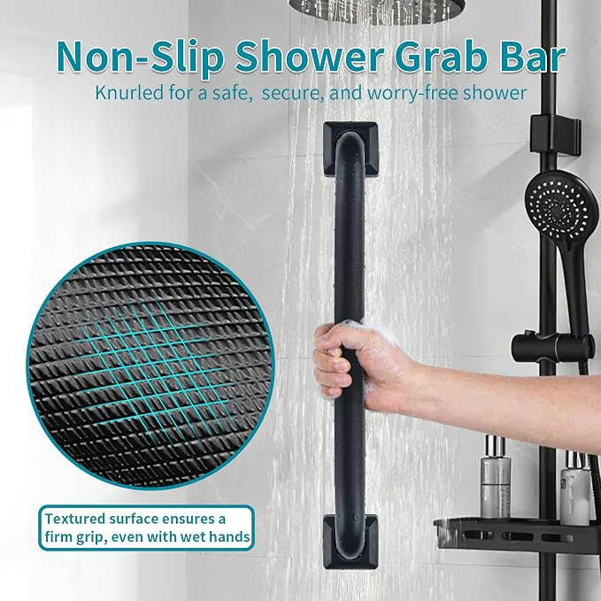 Shower Grab Bars for Seniors, 18 Inch Square Matte Black Bathroom Handle for Wall, Stainless Steel Anti Slip Bathtub Safety Bar, ADA Compliant 500 LBS Hand Rail for Elderly, Handicap