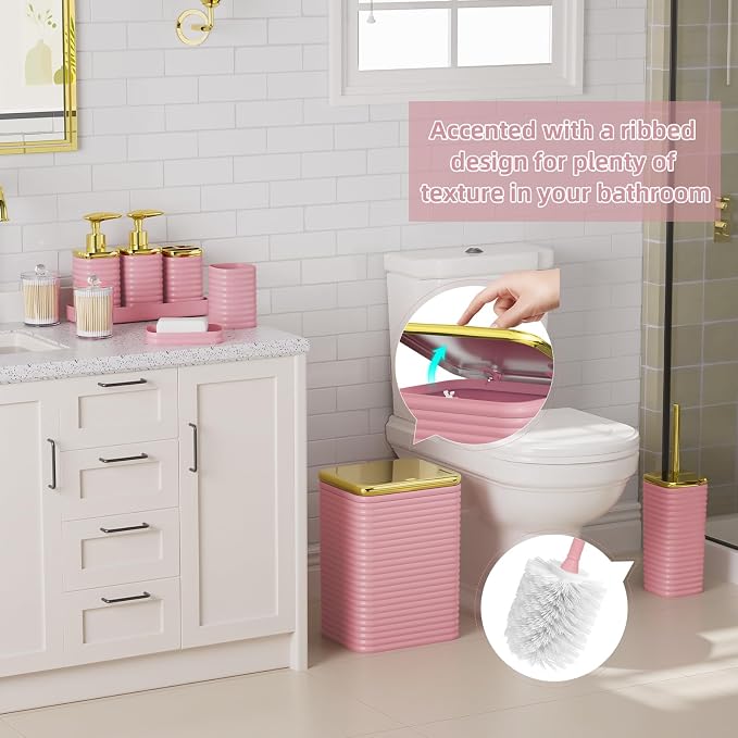 Bathroom Set - 25PC Bathroom Sets with Shower Curtain and Rugs, Pink Bathroom Set, Bathroom Accessory Set, Luxury Bathroom Accessories Set, Trash Can, Toilet Brush, Soap Dish & Soap Dispenser