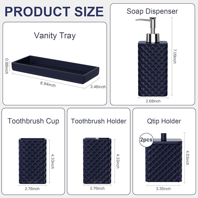 Bathroom Accessories Set Resin 6PCS, Square Toothbrush Holders Set Complete with Soap Dispenser, Vanity Tray, Tumbler, Cups and Cotton Swab Jars (Navy Diamond, Resin Bath 6 PCS)