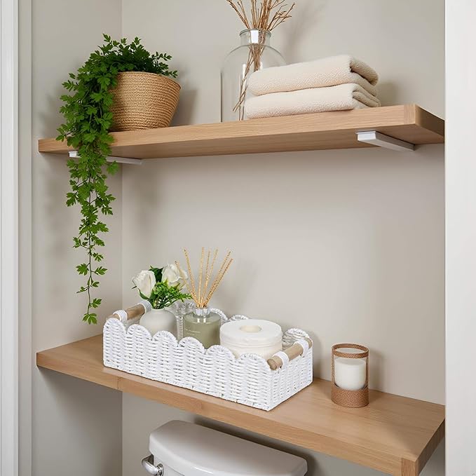 CubesLand Scalloped Toilet Paper Storage Basket W/Handle for Home Decor | Handwoven Toilet Organizer Basket for Countertop, Over Toilet Shelf, End Table, Living Room Cozy Decorative & More, White