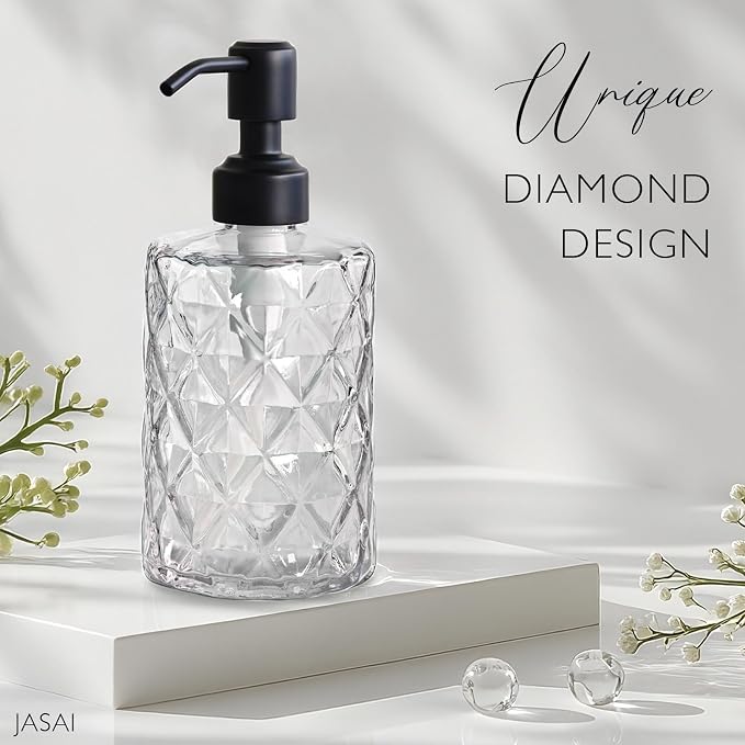 JASAI Diamond Design 12 Oz Glass Soap Dispenser with Black Pump | Small Hand soap Dispenser with Rust Proof Pump, Bathroom Soap Dispenser for Hand Soap, Liquid Soap, Dish Soap.