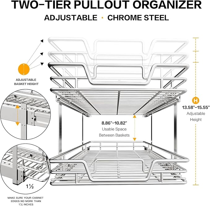 2-Tier Kitchen Cabinet Pull Out Shelf and Drawer Organizer Slide Out Pantry Storaqe Basket in Multiple Sizes (15" W x 21" D)