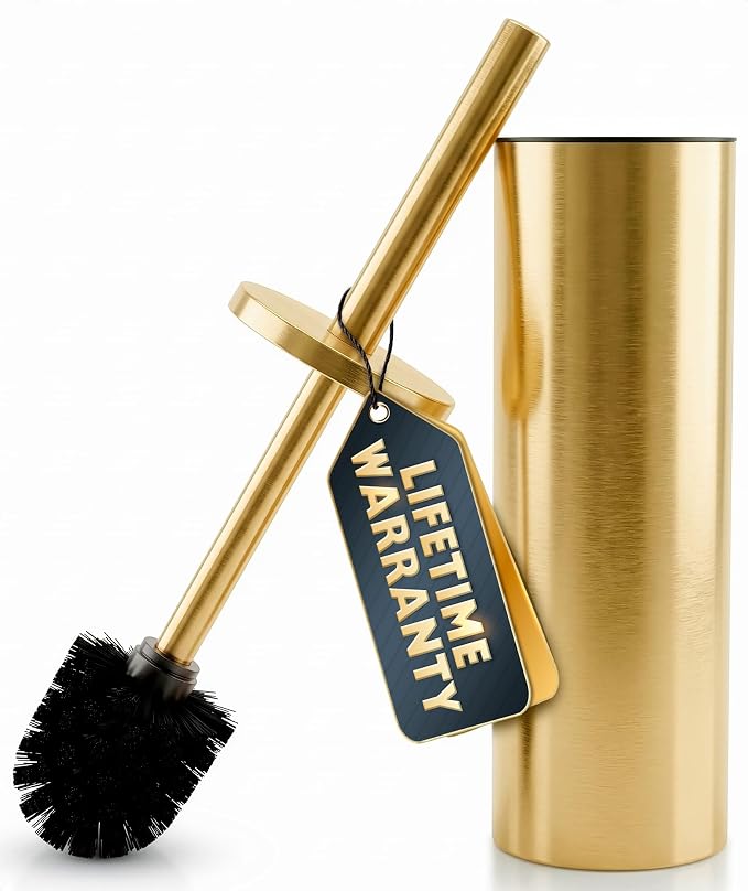 Toilet Bowl Brush with Holder, Stainless Steel Material, Replaceable Head | Gold Toilet Brush and Holder Set, Splash Protection & Dense Bristles for Bathroom Cleaning, Corrosion & Scratch Resistant