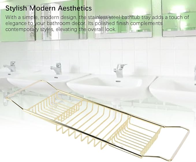 POCREATION Stainless Steel Expandable Bathtub Caddy, 25-38.4 in, 3 PCS | Adjustable length fits most tubs, gold finish tub tray for bathroom soaking shower
