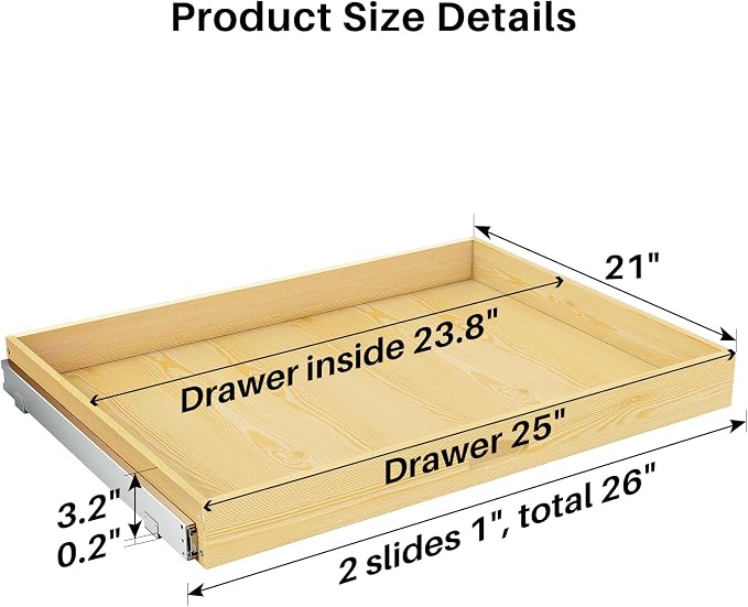 Pull Out Cabinet Organizer, Soft Close Wooden Slide Out Drawers for Pots and Pans, Full-extension Roll Out Shelves for Kitchen Cabinets, Pantry Organization, Bottom & Side Mount(26"W X 21"D x 3.4''H)