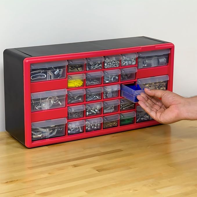 Akro-Mils 26-Drawer Plastic Storage Cabinet, 20"W x 6"D x 10"H, Red