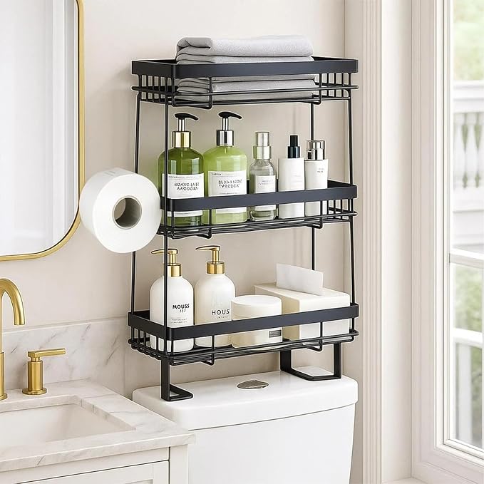 PowerKing Over The Toilet Storage Shelf, 3 Tier Bathroom Organizer, Black | No Drill Installation, Rust Resistant Steel, 2 Hanging Hooks, Toilet Paper Holder, Restroom Bathroom Space Saver