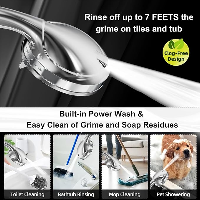 9 Functions High Pressure Shower Head with Handheld,Built-in Pause Mode&Power Wash,Non-Clogging Nozzles,6ft Hose&Bracket