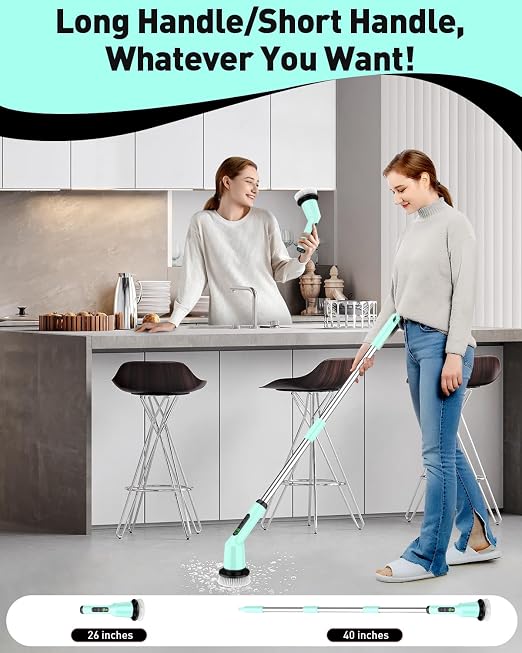 Electric Spin Scrubber for Bathroom, Shower Scrubber with Long Handle | Shower Cleaner Brushes, IPX7 Waterproof & 2 Speed, 3 Brush Heads, 90min Runtime, Bathroom Cleaning Supplies for Toilet Tub