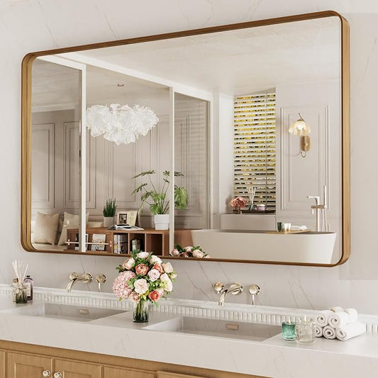 LOAAO 60X28 Inch Bathroom Mirror with Wood Grain Colored Metal Frame | Rounded Rectangle Metal Framed, Anti-Rust, Hangs Horizontally or Vertically, Tempered Glass