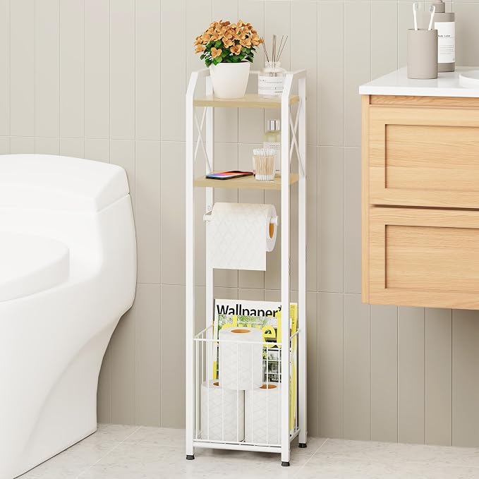 HapiRm Freestanding Toilet Paper Holder - 4-Tier Bathroom Tissue Organizer with Wood Shelves and Large Basket, Toilet Paper Holder Stand for Bathroom, Laundry Room, Apartment - White（Small）
