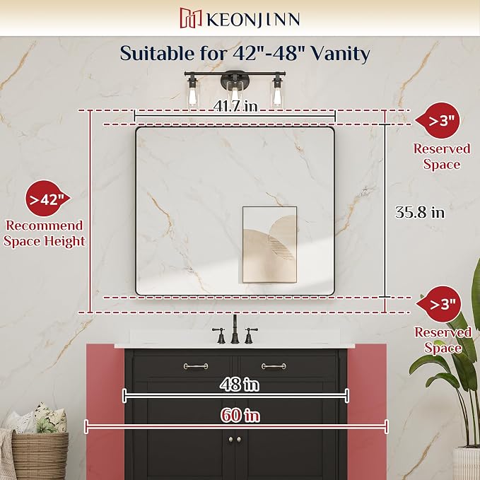 Keonjinn 42 x 36 Inch Brushed Nickel Bathroom Vanity Mirror, Tempered Glass | Rounded Rectangle Vanity Mirror, Silver Bathroom Mirrors for Over Sink, Rust-Resistant Aluminum Frame, French Cleat Mount