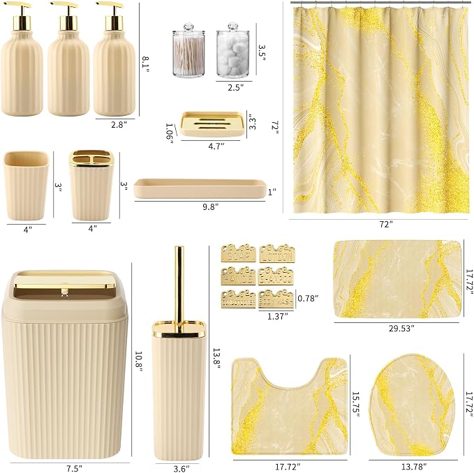 21PCS Bathroom Sets with Shower Curtain and Rugs Bathroom Accessories Set Beige Bathroom Set Complete with Trash Can, Toilet Brush, Qtip Holder & 3PCS Soap Dispenser