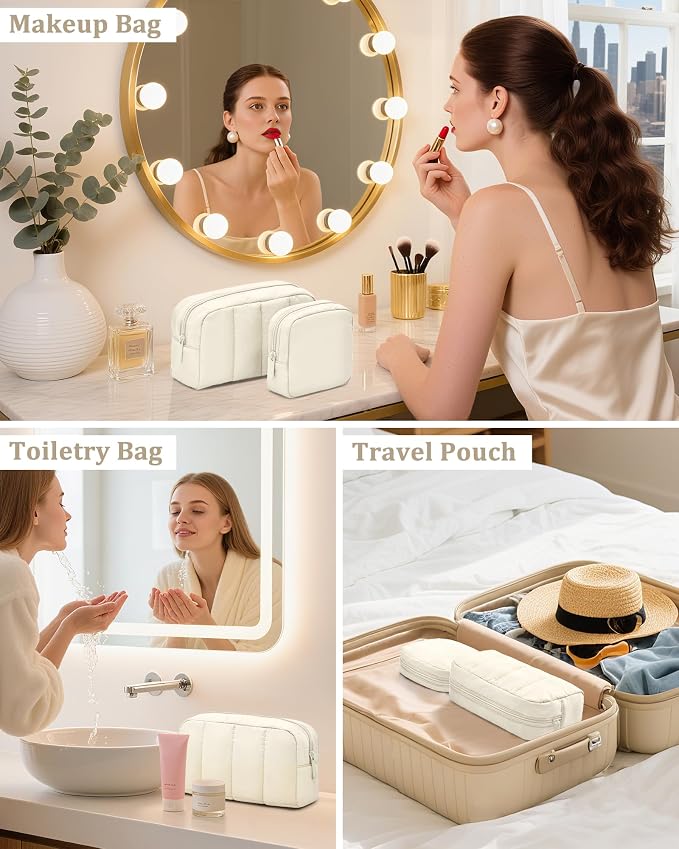2 Pcs Makeup Bag Travel Toiletry Bag for Women Puffy Padded Cosmetic Pouch Purse Wide-open Makeup Organizer Case Travel Essentials