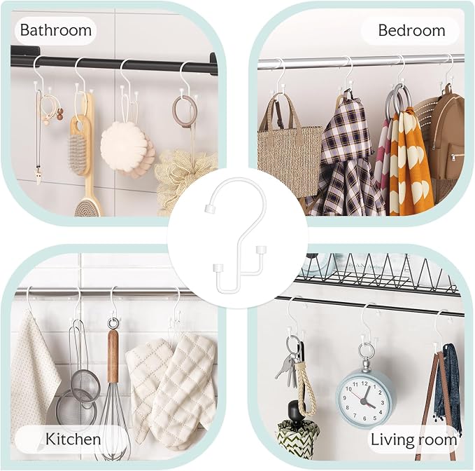 Bathway 12-Pack Double Shower Curtain Hooks, Rust-Resistant Metal Shower Curtain Rings with High-Low Design to Separate Liner & Curtain, Smooth Glide, White