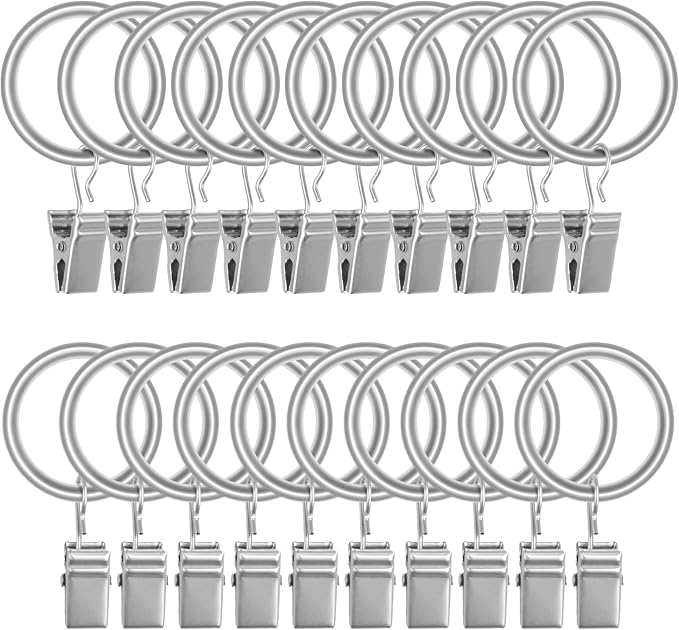 Lansian 20 Pack Curtain Rings with Clips Hooks 1 in Diameter Rustproof | Metal Stainless Steel Drapery Rings for Tension Rod Bracket Eyelets Decorative Hanger, Fits 3/4 in Rods, Matte Silver