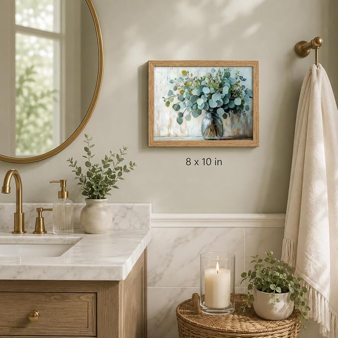 Wood Framed Rustic Eucalyptus Wall Art Sage Green in Glass Plants Vase Canvas Painting Picture Wall Decor Farmhouse Neutral Poster Print Artwork for Living Room, Bedroom, Bathroom Home Decoration