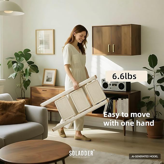 3 Step Ladder, Folding Step Stool, Cream Chocolate | Wide Anti-Slip Steps and a Foldable, Space-Saving Design for Adults to Use in Kitchens, Closets, Library,300 lbs