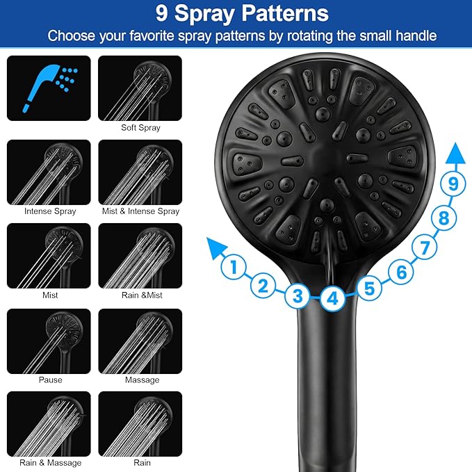 Shower Head, 8'' High Pressure Rainfall/Handheld Shower Combo, Matte Black | 9 Settings, Anti-leak Shower Head with 11'' Extension Arm, Holder, Hose, Height/Angle Adjustable Shower, 1.75GPM