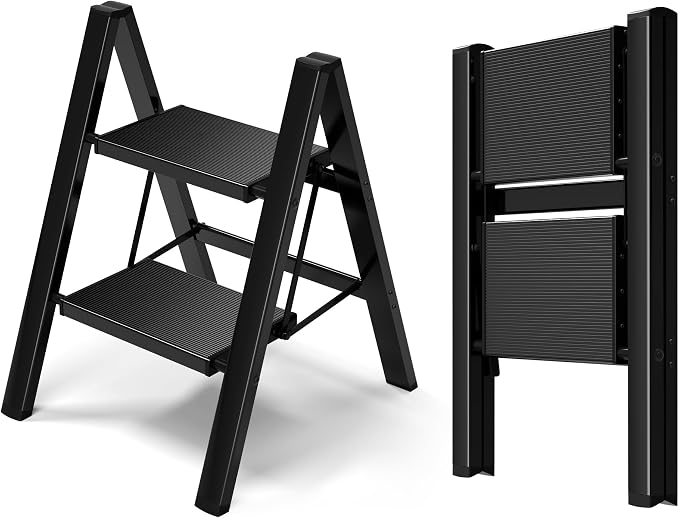HillhutApex Aluminum Step Stool Foldable,2 Step Ladder (Black) | Lightweight Portable step ladder with Anti-Slip Wide Pedal,330lbs Capacity Ladder for Household,Office,Kitchen