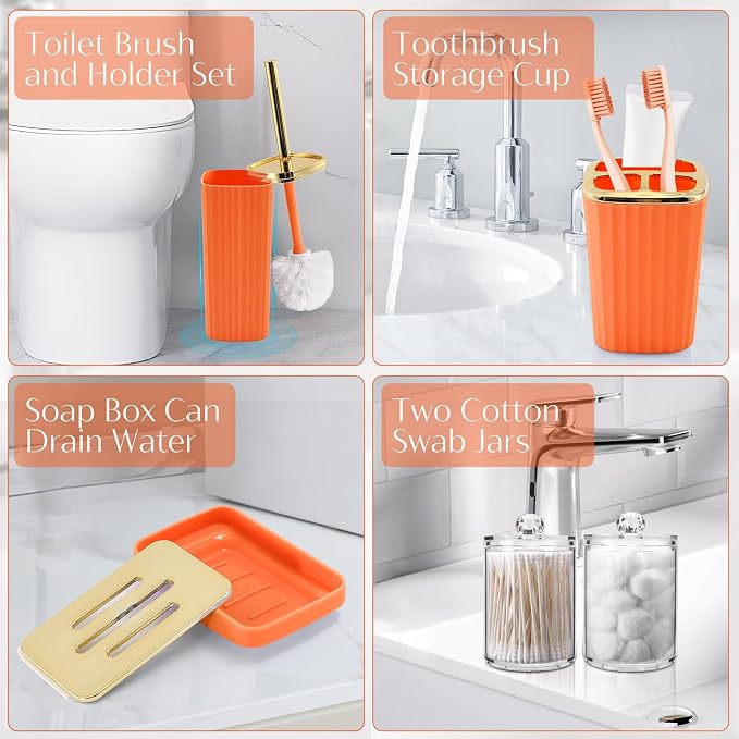 17PCS Bathroom Accessories Set, Orange Bathroom Set Bathroom Accessories Set with Trash Can, Toilet Brush, Toothbrush Holder, Qtip Holder & 3PCS Soap Dispenser