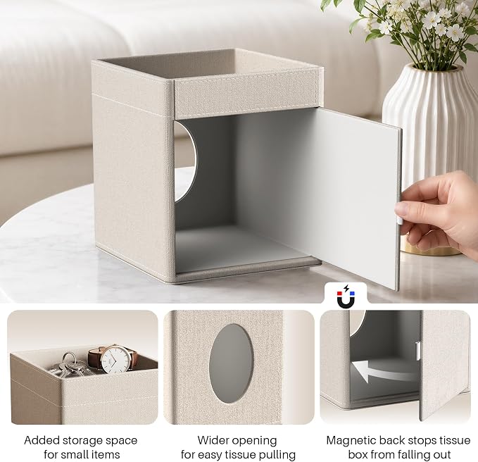 Square Tissue Box Holder with Storage Tray Tissue Box Cover, Tissues Cube Boxes Cover for Nightst, Dining Table, Dressing Table, Tea Table, Coffee Bar (Linen)