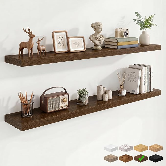 9.25in Depth 55in Floating Shelves, 55"W x 9.25"D x 1.5"H, Walnut, 2Pcs | Long Wall Mounted Engineered Wood Shelves for Wall with Invisible Brackets for Living Room, Bedroom, Bathroom, Kitchen