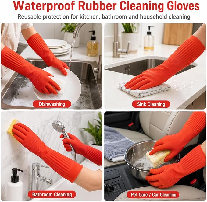 ThxToms Rubber Dishwashing Cleaning Gloves (2-Pair) - Fleece Lined | Reusable Long Dish Gloves for Washing Dishes, Waterproof Kitchen Gloves with Extra-Long Cuff & Anti-Slip Design, Large