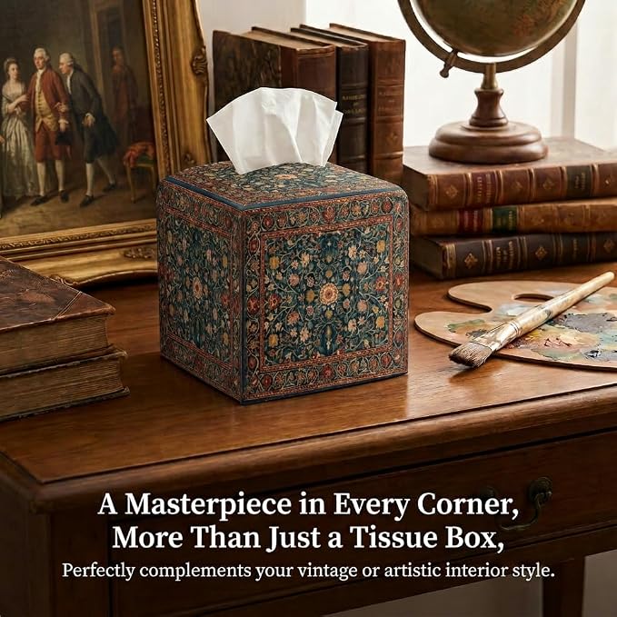 Tissue Box Cover Holder Square - Vintage Boho PU Leather Decorative Organizer, Ethnic Carpet Pattern Design Inspired, with Bottom Belt for Bathroom Car Office Tabletop Home, 5x5 Inch (Blue&Red)