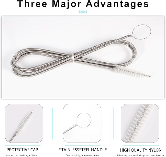 CiaraQ 11-Piece White Tube & Pipe Cleaning Brush Set | – 10 Rigid Brushes 1/16"-1" + 60" Flexible Wand Brush, Medium-Stiffness Nylon – for Drains, Guns, Coffee & Labs