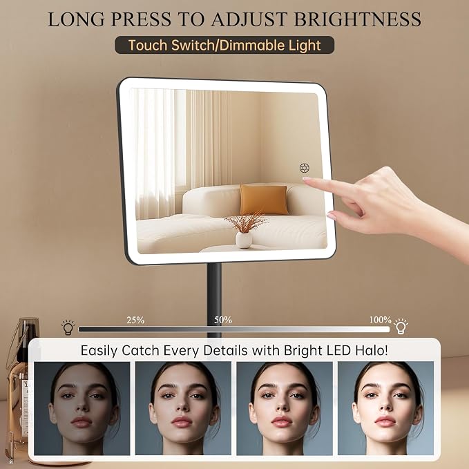 FUNTOUCH 4000mAh Rechargeable Vanity Mirror with Lights 40X Magnifier,Black | 3-Color Lighting Makeup Mirror with Lights & 84 LED,360°Rotation Touch Dimmable Lighted Makeup Mirror for Bedroom Tabletop