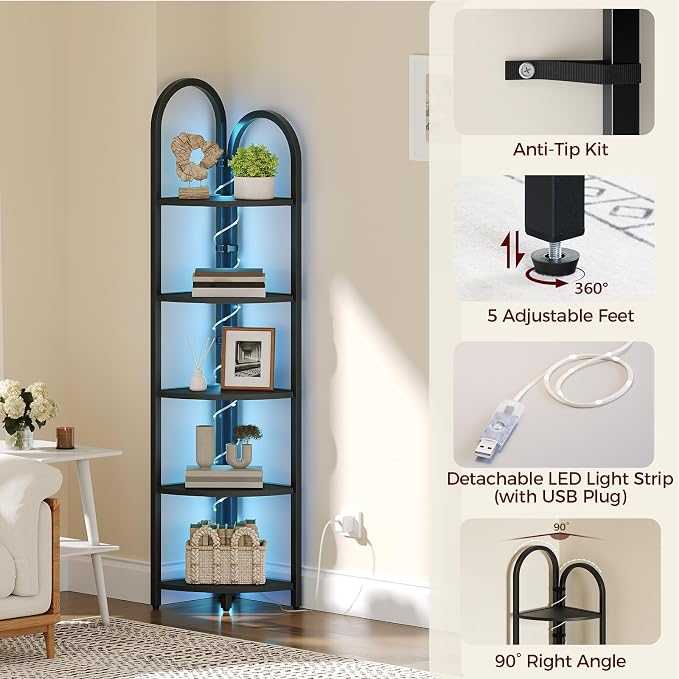 MAHANCRIS 5-Tier Corner Shelf with LED Light, 64.6'' Tall Corner Bookshelf, Narrow Storage Shelf with Metal Frame, for Living Room, Bedroom, Small Spaces, Black CSBK55101