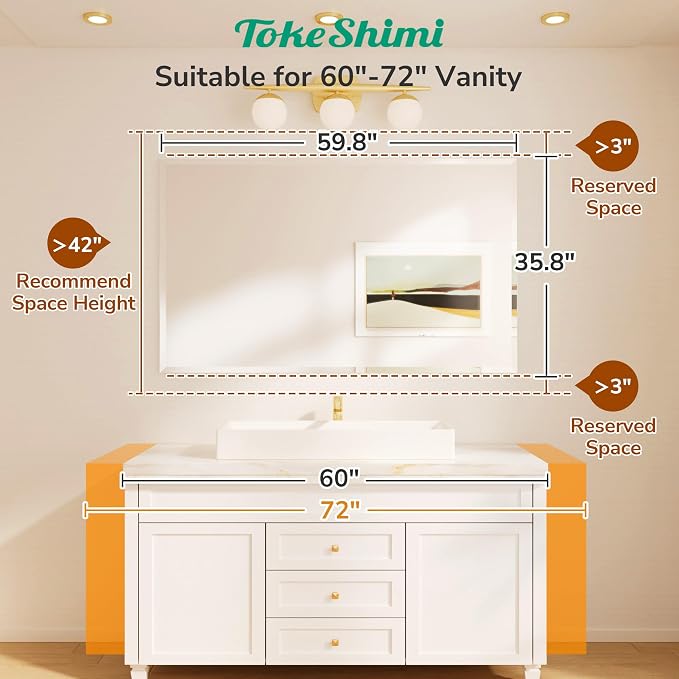 60x36 Frameless Beveled Bathroom Mirror Rectangle, Tempered Rectangle Bathroom Vanity Mirror with 1" Beveled Edge, Shatterproof Modern Mirrored Wall Mounted for Living Room, Restroom