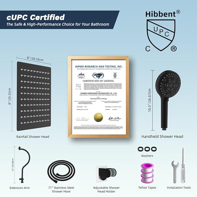 Hibbent All Metal CUPC Certified Shower Head, 8'' High Pressure Rainfall Shower Head, Handheld Showerhead Combo, 12'' Adjustable Extension Arm, 10 Sprays, 71'' Hose, Shower Holder, Matte Black