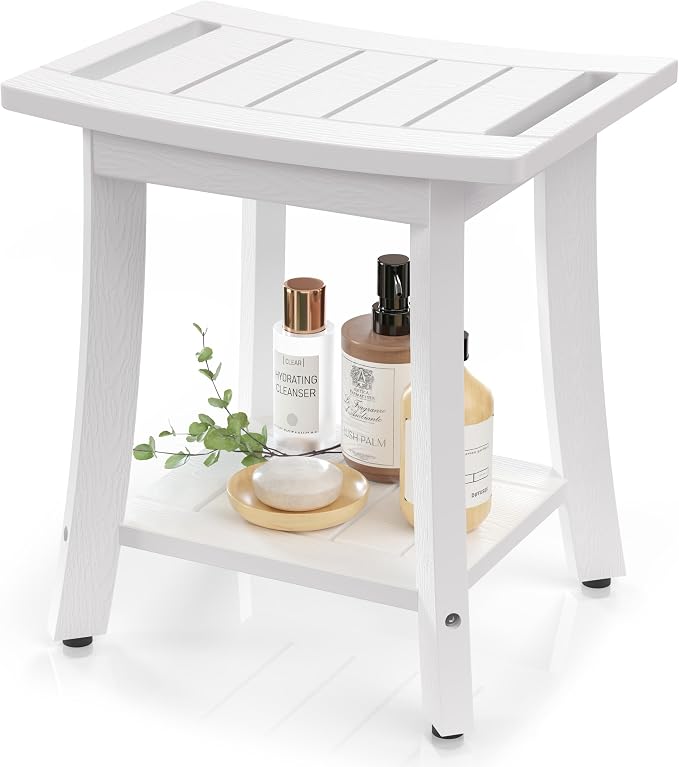 Waterproof HIPS Shower Bench for Inside Shower, Shower Stool, White | Ergonomic design, For seating and leg shaving, Wood-Look texture, Easy care, Storage shelf, Non-slip leveling feet, 350 lb