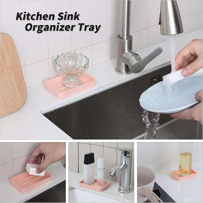 MicoYang Silicone Kitchen Sink Organizer Tray for Multiple Usage,Easy Clean Sponges Holder for Kitchen Bathroom Counter or Sink,Dish Soap Dispenser,Scrubber,Bottle,Cup Pink 4.9”x 3.2”