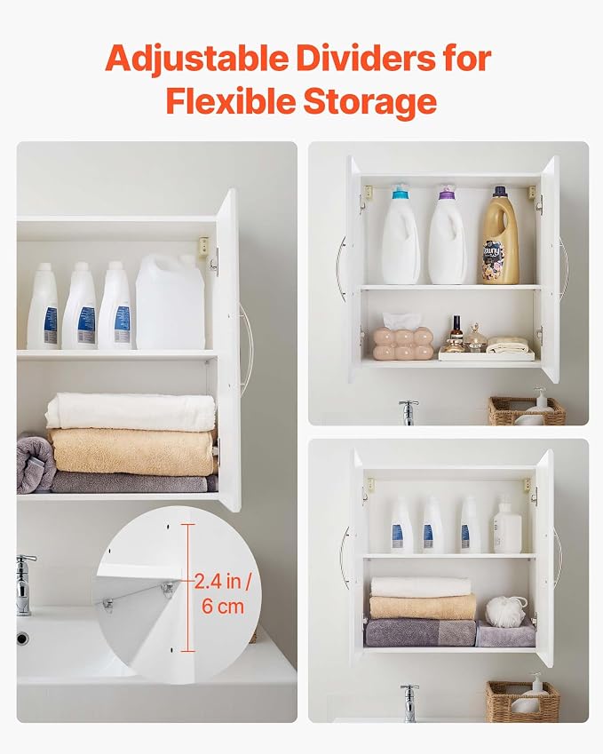VEVOR Laundry Room Wall Cabinet, 2-Tier Wall Mounted Hanging Cabinet with Adjustable Shelf, Cupboard Storage with 2 Doors, for Kitchen, Bathroom, Laundry, 11.8 x 23.6 x 23.6 in (D x W x H), White