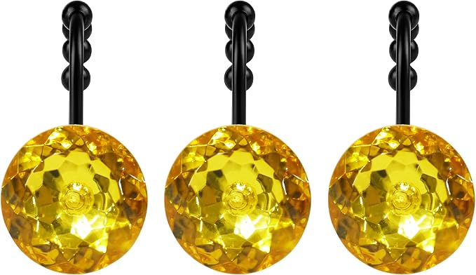 Sunlit Luxury Design Round Yellow Diamond Crystal Gem Bling with Glide Balls Shower Curtain Hooks, Rust Proof Metal Rhinestones Glam Shower Curtain Rings with Black Hooks, Set of 12